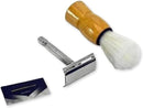 Kit Barbeiro 4 Peças Inox com Aparelho Metálico Reutilizável Cabo Antiderrapante Lâmina Duplo Fio e Pincel em Madeira para Barbear de Precisão