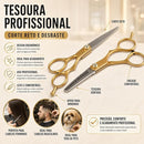 Kit Tesoura Barbeiro Profissional Cabeleireiro Tesouras Dentada e Laser Com Estojo Conjunto Conjunto Completo (Dourado)